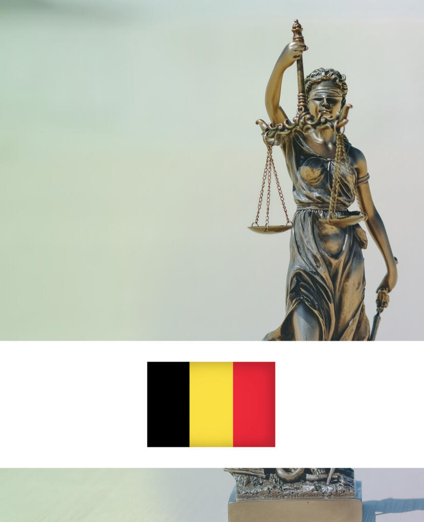 Bronzen beeld van vrouwe justitia. Op de afbeelding zie je ook een witte banner met de vlag van België. Deze afbeelding toont een gerechtelijke beslissing in België. 
bronze statue of Lady Justice. The image also shows a white banner with the flag of Belgium. This image shows a court decision in Belgium.