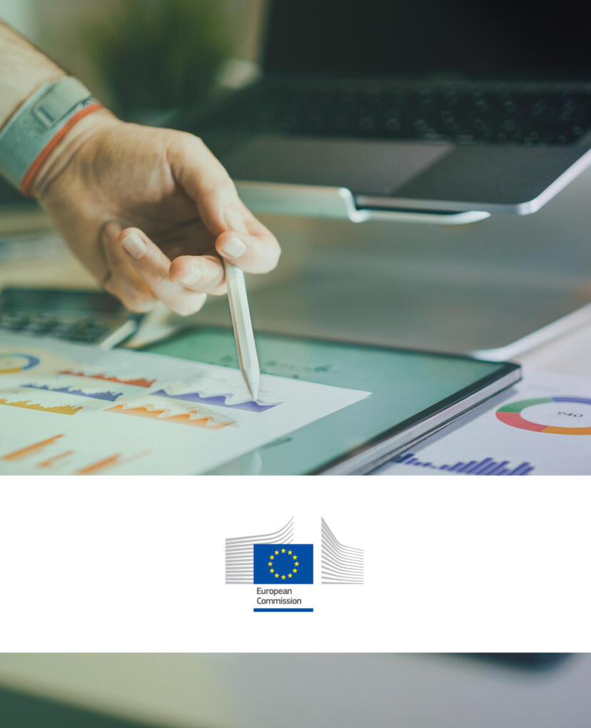 A person is holding a pencil and pointing at a graph. In the background, you see a laptop, a calculator and a tablet, representing an office setting. A white banner with the logo of the European Commission (EC) is placed over the image. The image represents a policy monitor article about an EC publication. 

Een persoon houdt een potlood vast en wijst naar een grafiek. Op de achtergrond zie je een laptop, een rekenmachine en een tablet, die een kantooromgeving voorstellen. Een witte banner met het logo van de Europese Commissie (EC) is over de afbeelding geplaatst. De afbeelding stelt een beleidsmonitor artikel voor over een publicatie van de EC.