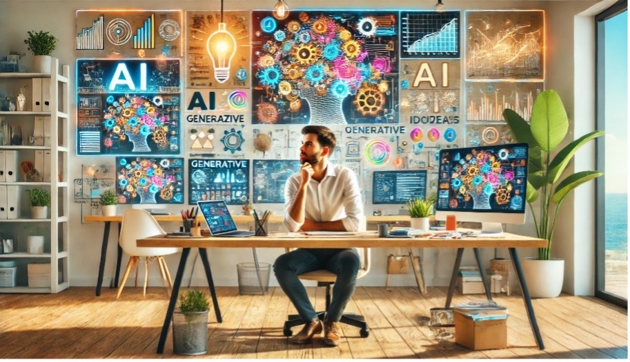 A person in a modern office setting with a summer theme, surrounded by multiple computer screens displaying various generative AI tools and data visualizations. The person is seated at a desk, deep in thought, with brainstorming notes and diagrams scattered around them. The background includes whiteboards filled with ideas and flowcharts, and a shelf with tech gadgets and books on AI. The person has a focused expression, with one hand on their chin and the other holding a pen. Above their head, there are visualized ideas flowing, represented by lightbulbs, gears, and colorful diagrams. The office has a summer feel with