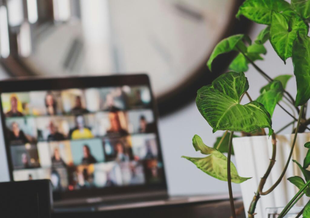 Een laptop waarop een digitale meeting plaatsvindt. Je ziet geblurde personen. Op de achtergrond staan een groene kamerplant en een klok. 

A laptop showing a digital meeting. Blurred people are visible. A green houseplant and a clock are in the background.