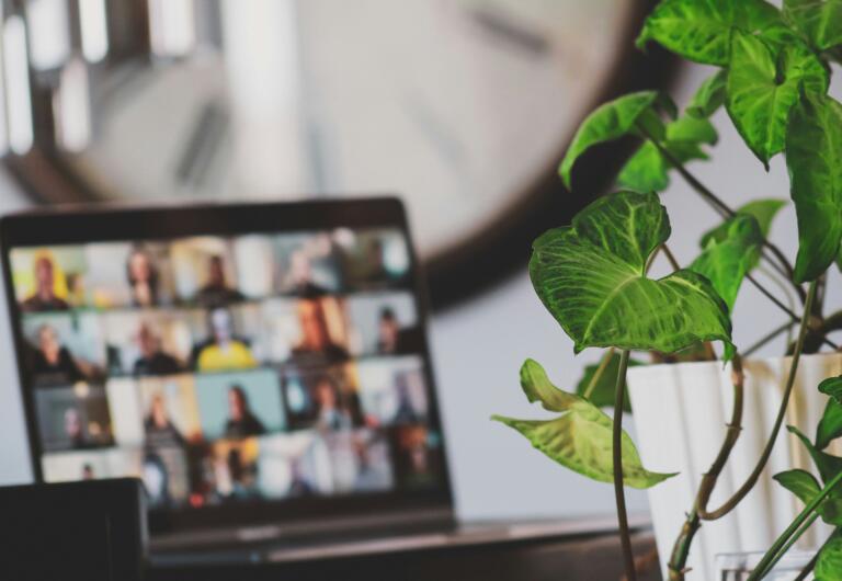 Een laptop waarop een digitale meeting plaatsvindt. Je ziet geblurde personen. Op de achtergrond staan een groene kamerplant en een klok. 

A laptop showing a digital meeting. Blurred people are visible. A green houseplant and a clock are in the background.