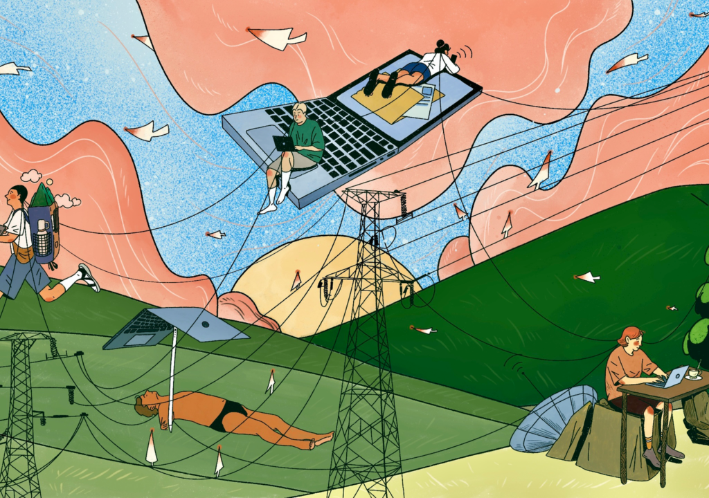 De zon schijnt onophoudelijk aan de hemel terwijl mensen zich verzamelen rond signaalmasten en via hun digitale apparaten bezig zijn.