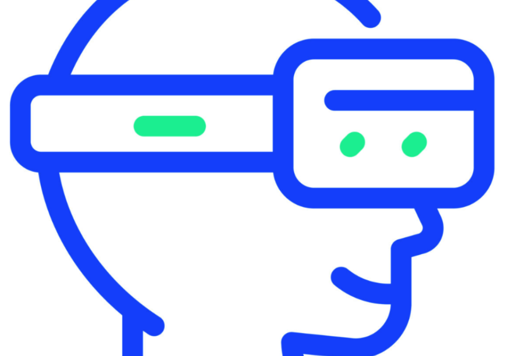 Icon with blue lines showing a human with glasses (could be VR or safety glasses)