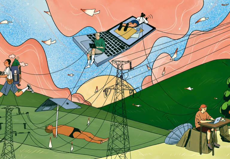 De zon schijnt onophoudelijk aan de hemel terwijl mensen zich verzamelen rond signaalmasten en via hun digitale apparaten bezig zijn.