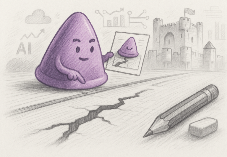Een paarse kegelvormige figuur (die een typisch snoepje van de stad Gent voorstelt: de Cuberdon) houdt een foto van zichzelf vast in de buurt van een gebarsten weg, met een potlood, gum, een kasteel en AI-gerelateerde grafieken op de achtergrond.

A purple cone-shaped figure (which represents a typical sweet of the city of Ghent: the Cuberdon) holds a picture of itself near a cracked road, with a pencil, eraser, a castle, and AI-related graphs in the background.