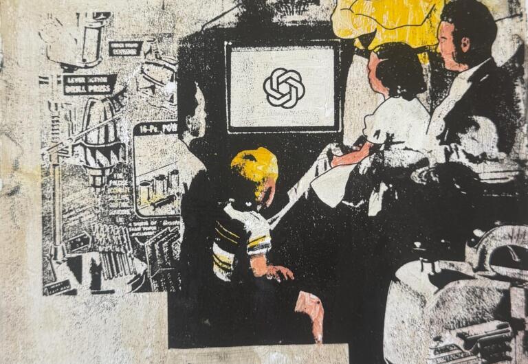 Een persoon waakt over een gezin dat AI consumeert. Het tafereel in de woonkamer wordt omlijst door beelden van elektrisch gereedschap.

A person watches over a family consuming AI. The living room vignette is framed by power tool imagery.