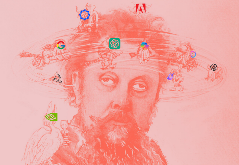 Een roodgetinte illustratie toont het hoofd van een man omringd door wervelende AI-pictogrammen, met kleine, ondeugende heksachtige figuren die om hem heen vliegen. De uitdrukking van de man lijkt gedesoriënteerd en vermoeid, wat de mentale overbelasting symboliseert die wordt veroorzaakt door de overweldigende stroom AI-hulpmiddelen en -nieuws. De heksen staan voor het chaotische, kakelende karakter van de snelle AI-ontwikkelingen en versterken het gevoel van duizeligheid en verwarring. (Vertaling door DeepL)