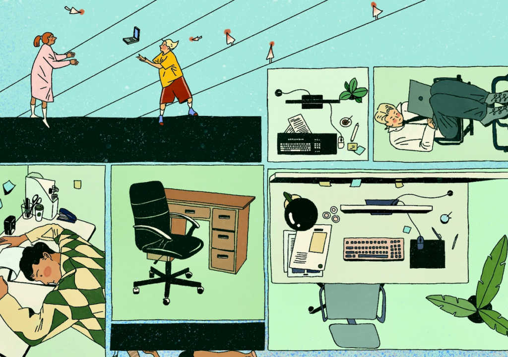 Binnen de kaders bevinden zich mensen die gebonden zijn aan hun kantoorruimtes. Daarbuiten werken individuen vrij vanuit diverse locaties, verbonden via digitale signalen.

Within the frames are people bound to their office cubicles; beyond them, individuals work freely from diverse locations, connected through digital signals.