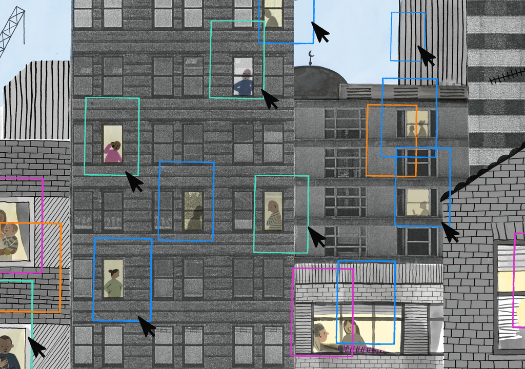 Over bouwblokken liggen digitale vierkanten die mensen die hun dagelijks leven leiden door vensters laten zien. Sommige vierkanten gaan vergezeld van cursors.

Building blocks are overlayed with digital squares that highlight people living their day-to-day lives through windows. Some of the squares are accompanied by cursors.