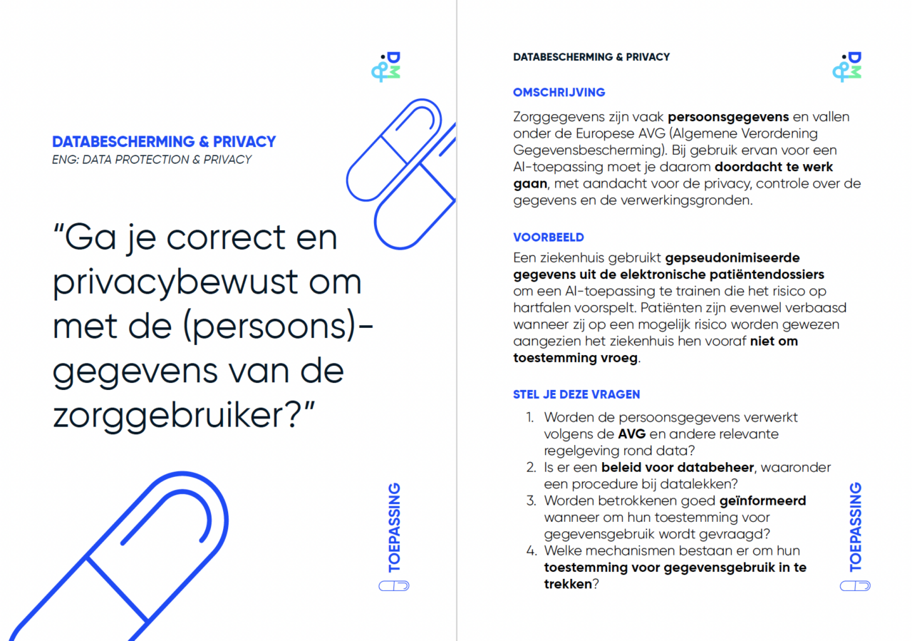 AI Blind Spots gezondheidszorg workshop kaart met beschrijving over hoe je correct en privacybewust omgaat met de gegevens van zorggebruikers.