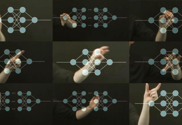 Nine small images with schematic representations of differently shaped neural networks, a human hand making a different gesture is placed behind each network.