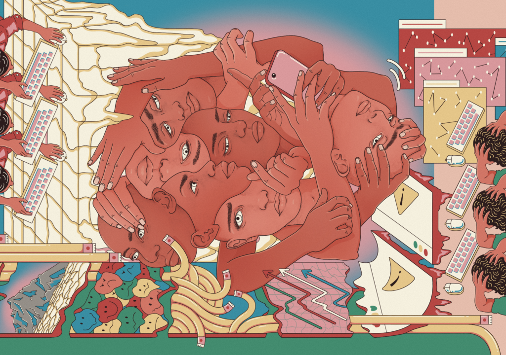 NL: Een felgekleurde illustratie die vanuit elke richting kan worden bekeken. De afbeelding bevat diverse scènes: mensen achter computers die gestrest lijken, een aantal over elkaar heen geplaatste gezichten, samengedrukte emoji's en andere motieven.

EN: A brightly coloured illustration which can be viewed in any direction. It has several scenes within it: people in front of computers seeming stressed, a number of faces overlaid over each other, squashed emojis and other motifs.