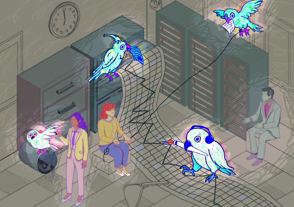 Illustration of a surreal office scene with neon birds interacting with digital elements around three people near servers and file cabinets; one bird writes on a digital mesh, another carries a paper.