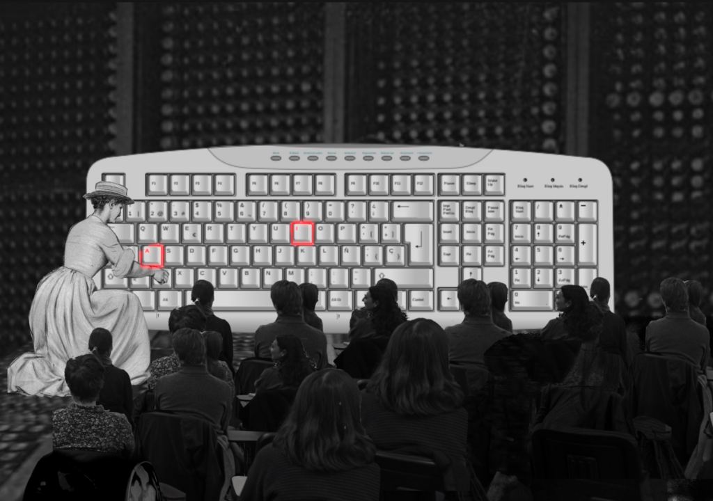 A black-and-white surrealist collage of a classroom lecture. The center features an oversized computer keyboard with the two keys “A” and “I” highlighted in red. In the foreground, a vintage illustration of a woman in historical attire kneels as she interacts with the keyboard. Behind her, an audience of Cambridge students are seated in rows observing the lecture.
