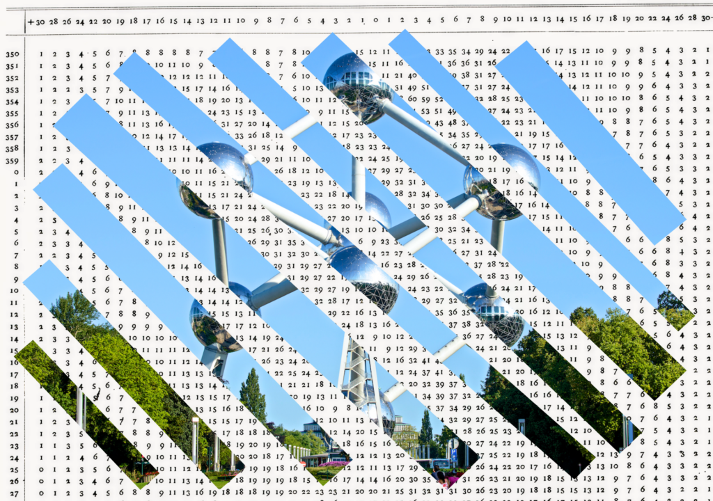 Paper collage. A photograph of the Atomium in Brussels, cut into diagonal strips and reassembled over a grid of numbers.