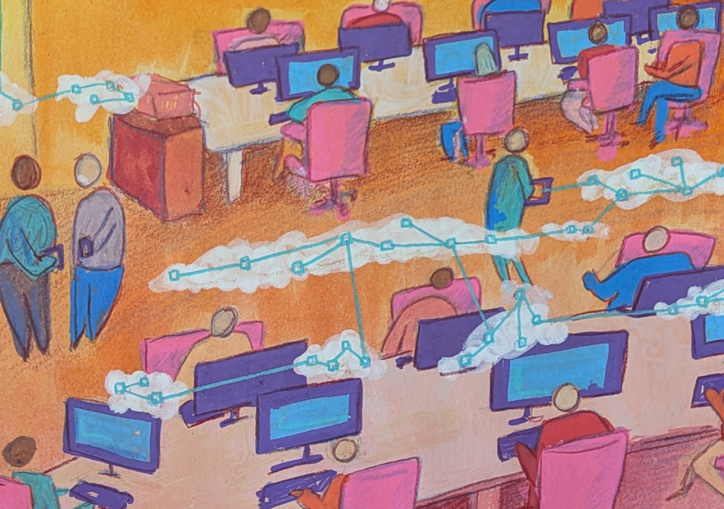Bold Office depicts the integration of digital technologies like AI into the workplaces. The presence of data points and floating clouds symbolises how data about individuals and their work is increasingly shared, processed, and connected. The image was drawn and painted using gauche and pencil.