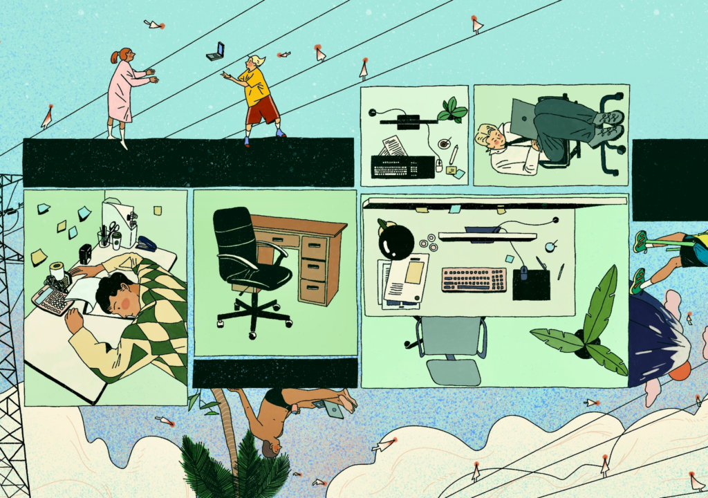 Binnen de kaders bevinden zich mensen die gebonden zijn aan hun kantoorcabines; daarbuiten werken individuen vrij vanuit diverse locaties, verbonden via digitale signalen.

Within the frames are people bound to their office cubicles; beyond them, individuals work freely from diverse locations, connected through digital signals.