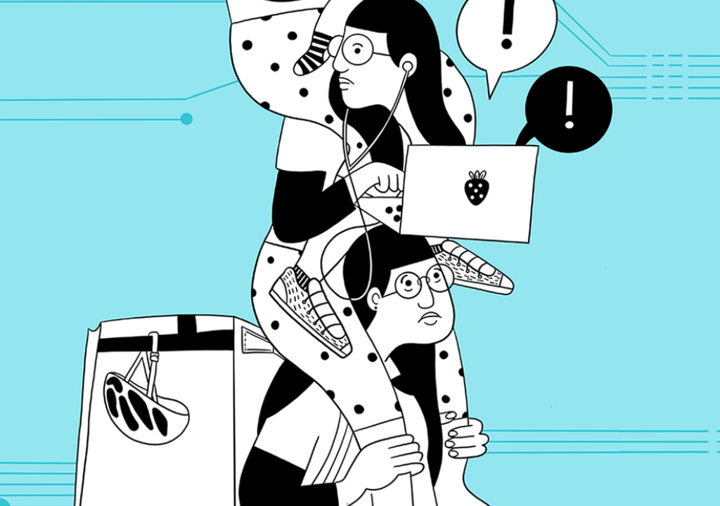 Woman working simultaneously as a delivery worker, remote employee, and caring her child, representing the opportunities and risks of work digitalisation.
