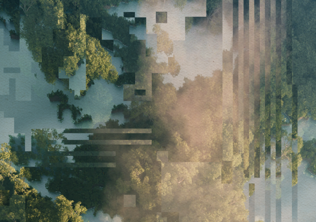 A bird's eye view photo of a river or lake interspersed with trees and clouds. However, the image is slightly distorted with digital artefacts.