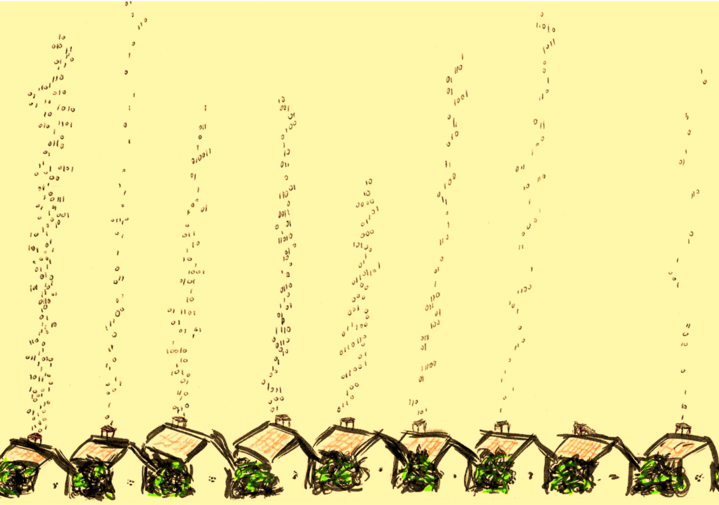 A hand drawn sketch in coloured pens depicts a small uniform row of houses at the bottom of the picture. From each of the houses, 0s and 1s representing digital data are floating up in plumes which look like smoke from the chimneys of the houses; but these are not uniform, therefore representing the different types of data from each house.