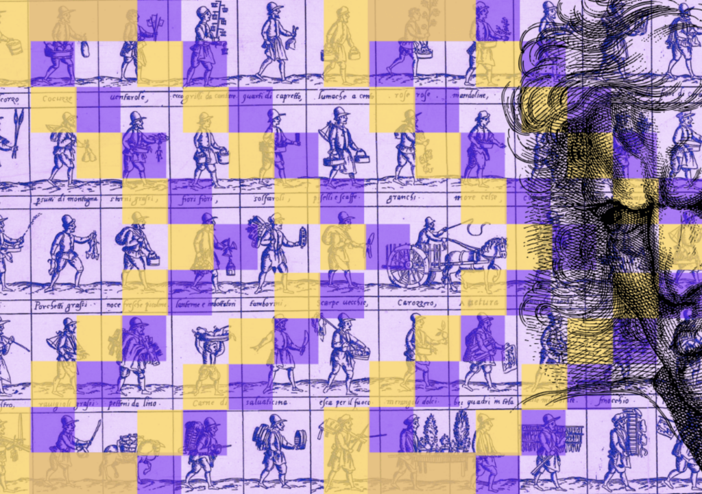 A sketch of a disgruntled man on the right side of the image is overlaid by rectangles containing sketches of individual workers. The man's gaze faces the individuals who are positioned as if they are walking in unison towards the man. The background is purple and there is a forward arrow symbol in darker purple and yellow on top of the image.