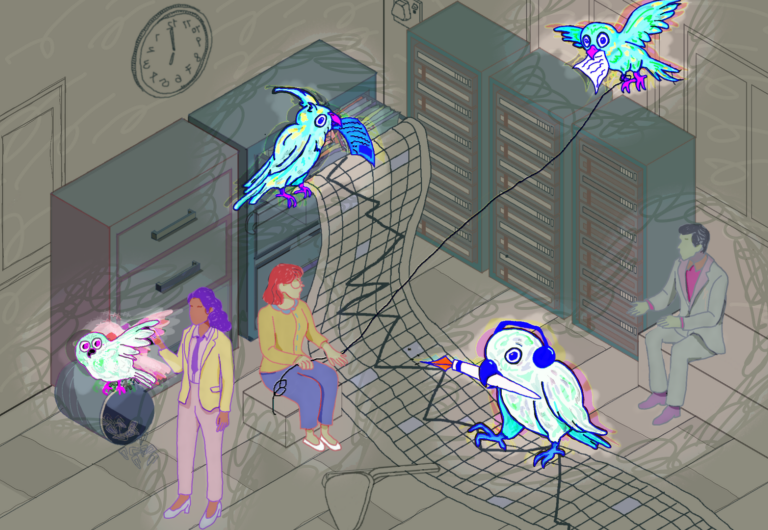 Illustration of a surreal office scene with neon birds interacting with digital elements around three people near servers and file cabinets; one bird writes on a digital mesh, another carries a paper.