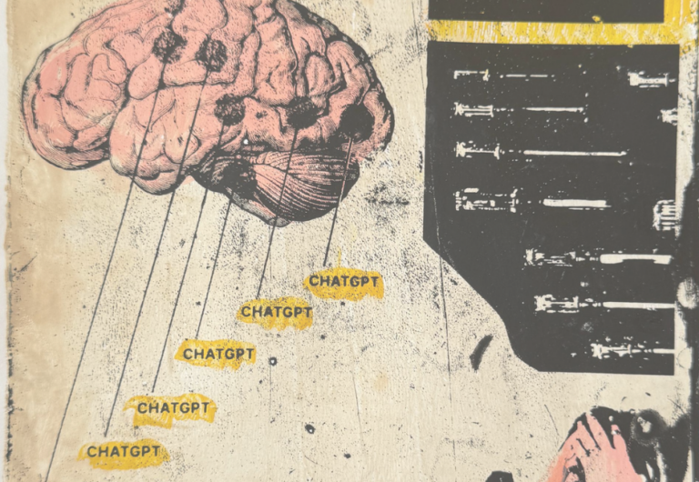 A brain diagram shows ChatGPT has replaced core functions of the brain, while a young girl in the bottom right covers her eyes in horror. Degraded imagery of screwdrivers and the words “Control of the Brain” frame the collage.

Een hersendiagram laat zien dat ChatGPT de kernfuncties van de hersenen heeft vervangen, terwijl een jong meisje rechtsonder met afgrijzen haar ogen bedekt. De collage wordt omlijst door vervormde afbeeldingen van schroevendraaiers en de woorden ‘Control of the Brain’ (Controle over de hersenen).