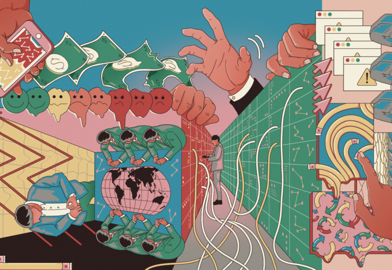 A brightly coloured illustration which can be viewed in any direction. It has many elements to it working together: men in suits around a table, someone in a data centre, big hands controlling the scenes and holding a phone, people in a production line. Motifs such as network diagrams and melting emojis are placed throughout the busy vignettes.