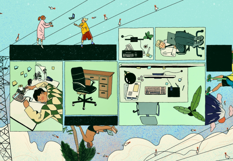 Binnen de kaders bevinden zich mensen die gebonden zijn aan hun kantoorcabines; daarbuiten werken individuen vrij vanuit diverse locaties, verbonden via digitale signalen.

Within the frames are people bound to their office cubicles; beyond them, individuals work freely from diverse locations, connected through digital signals.