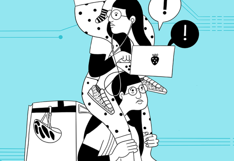 Woman working simultaneously as a delivery worker, remote employee, and caring her child, representing the opportunities and risks of work digitalisation.