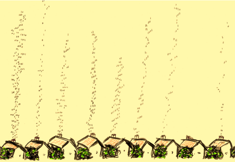 A hand drawn sketch in coloured pens depicts a small uniform row of houses at the bottom of the picture. From each of the houses, 0s and 1s representing digital data are floating up in plumes which look like smoke from the chimneys of the houses; but these are not uniform, therefore representing the different types of data from each house.