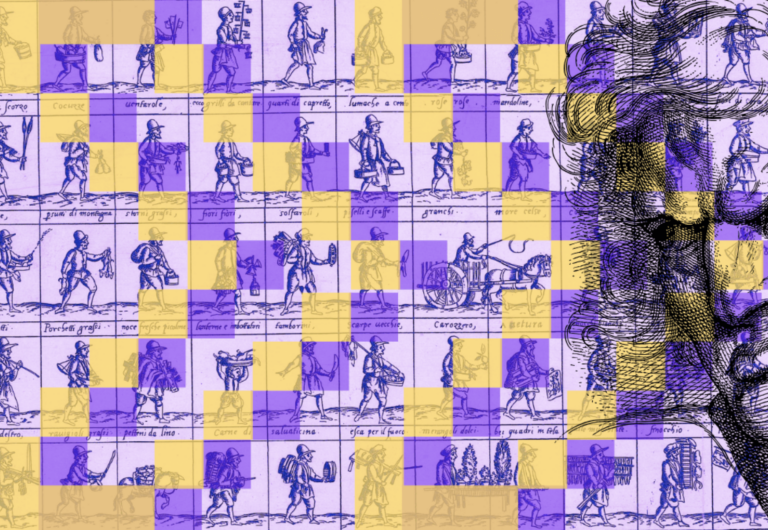 A sketch of a disgruntled man on the right side of the image is overlaid by rectangles containing sketches of individual workers. The man's gaze faces the individuals who are positioned as if they are walking in unison towards the man. The background is purple and there is a forward arrow symbol in darker purple and yellow on top of the image.