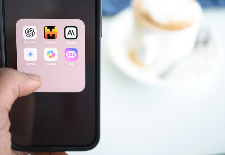 person holding a mobile phone. The screen shows several AI-chatbot applications, such as Mistral AI, Claude, Copilot and ChatGPT