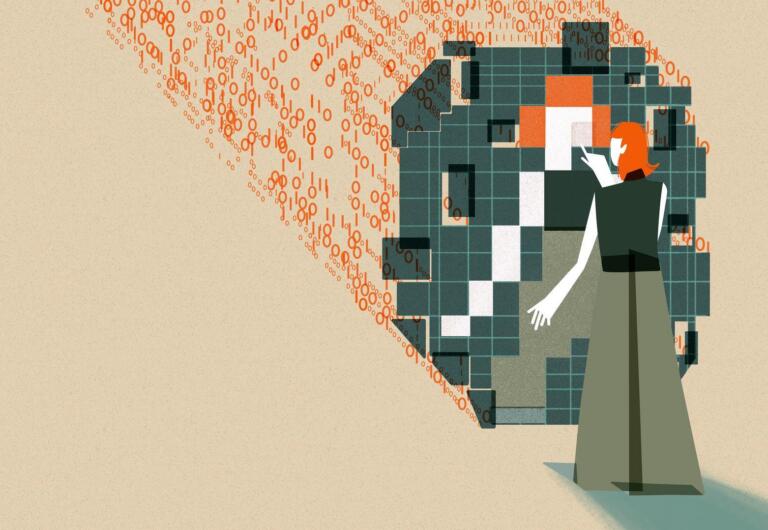 This image shows an individual with orange hair interacting with a large, abstract digital mirrored structure. The structure is composed of squares in varying shades of green, orange, white, and black which are pieced together to reflect the individual’s figure. The figure's hand is extended as if pointing to or interacting with the mirrored structure. Behind the  structure are streams of binary code (0s and 1s) in orange, flowing towards the digital grid.