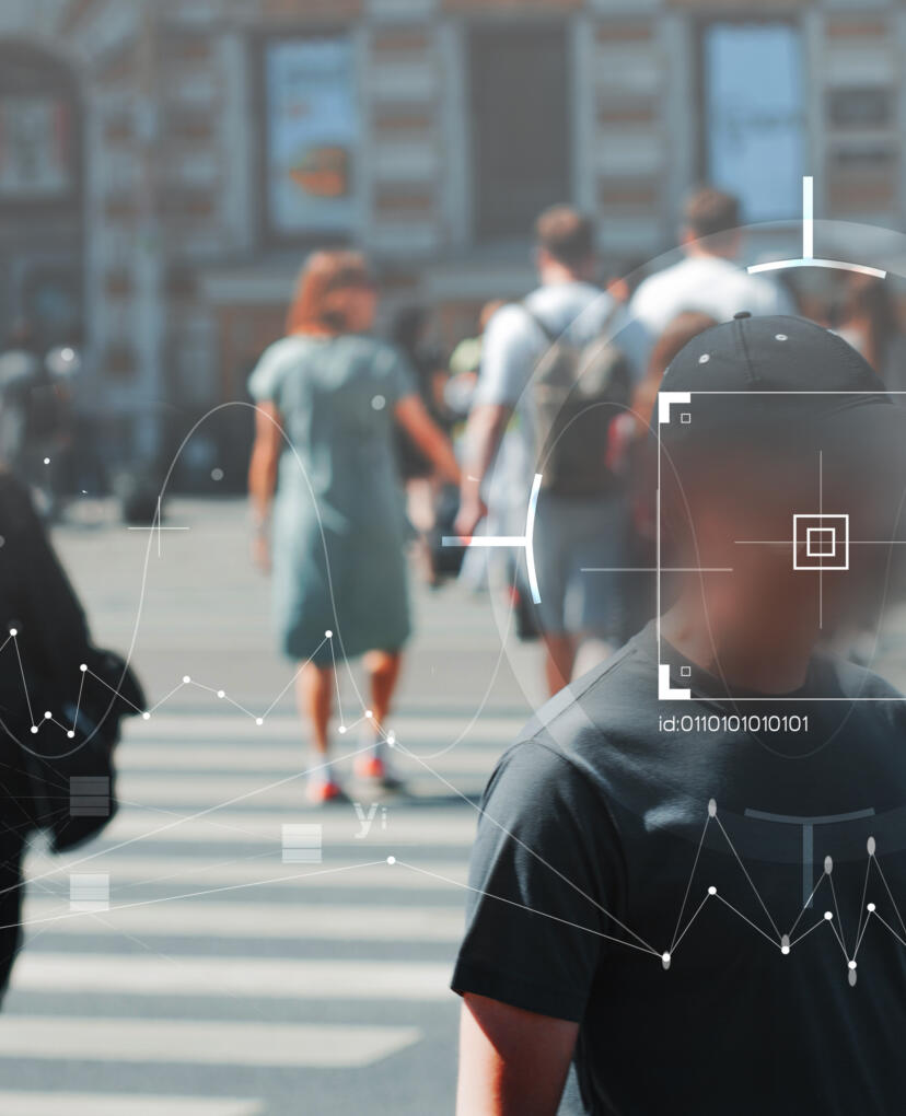 Face recognition and personal identification technologies in street surveillance cameras, law enforcement control. crowd of passers-by with graphic elements. Privacy and personal data protection,