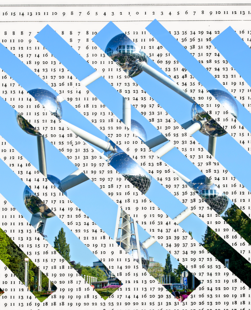 Paper collage. A photograph of the Atomium in Brussels, cut into diagonal strips and reassembled over a grid of numbers.
