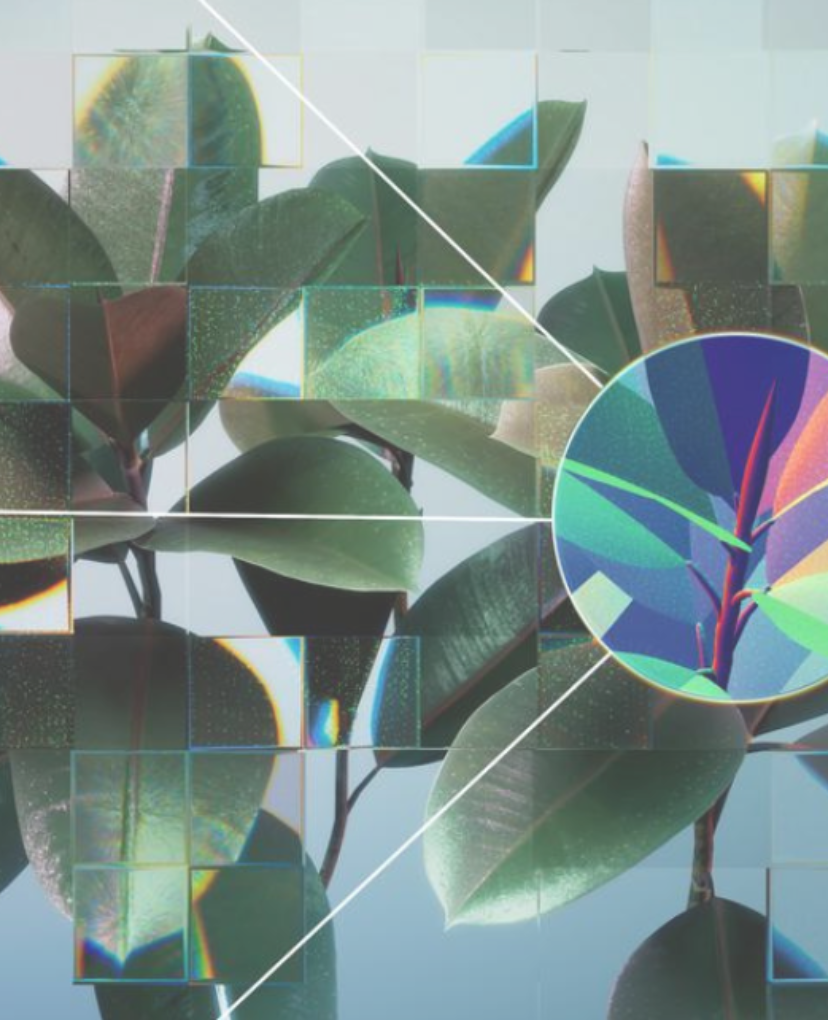 A man's face is displayed through a grid of squares, creating a fragmented and abstract visual effect.