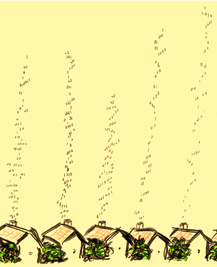 A hand drawn sketch in coloured pens depicts a small uniform row of houses at the bottom of the picture. From each of the houses, 0s and 1s representing digital data are floating up in plumes which look like smoke from the chimneys of the houses; but these are not uniform, therefore representing the different types of data from each house.
