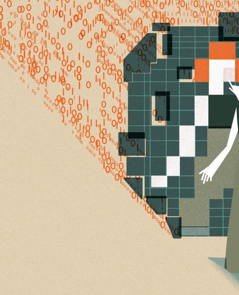 This image shows an individual with orange hair interacting with a large, abstract digital mirrored structure. The structure is composed of squares in varying shades of green, orange, white, and black which are pieced together to reflect the individual’s figure. The figure's hand is extended as if pointing to or interacting with the mirrored structure. Behind the  structure are streams of binary code (0s and 1s) in orange, flowing towards the digital grid.