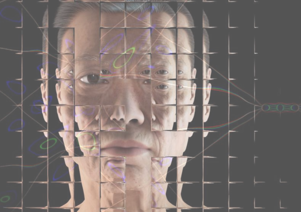 a person's face is displayed through a grid of squares, creating a fragmented and abstract visual effect.