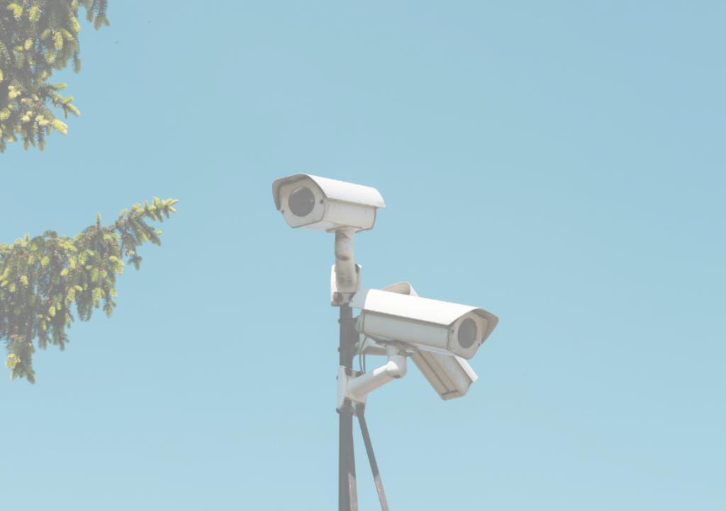 A pole with 3 security cameras set against a bright blue sky and a tree. 
Een paal met 3 beveiligingscamera's met een blauwe lucht en een boom op de achtergrond