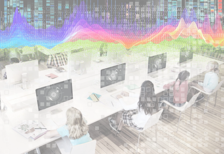 Children sit at desks using desktop computers in a classroom; a colorful, abstract digital wave graphic overlays the top of the image.