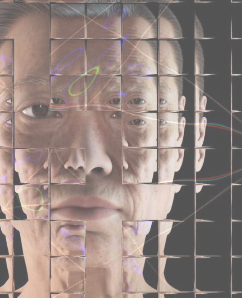 a person's face is displayed through a grid of squares, creating a fragmented and abstract visual effect.